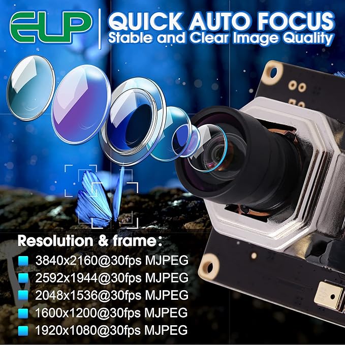 ELP 4K USB Camera Module Autofocus w/Microphone Computer Mini USB2.0 Webcam Board 8mp Industrial Lightburn Camera IMX415 Audio Video Webcamera
