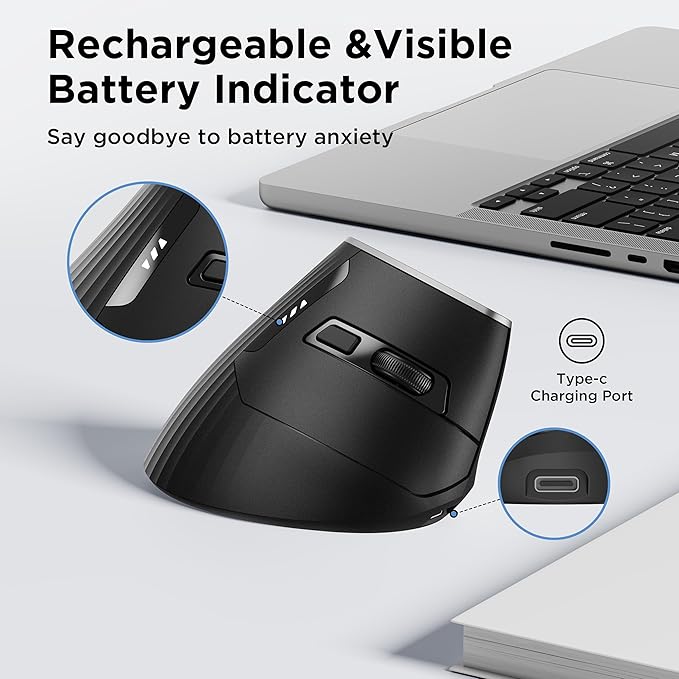 Uineer Wireless Ergonomic Mouse, Bluetooth Mice (BT4.0/5.0 and 2.4G) Rechargeable Vertical Mouse, 3 Multi-Device Connectivity for PC/Mac/Laptop/Computer, 4 DPI Quiet Clicks for Office, Home-Black