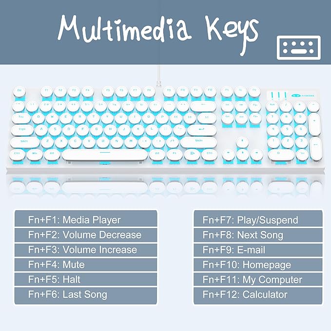 Camiysn Typewriter Style Mechanical Gaming Keyboard, White Retro Punk Gaming Keyboard with Blue Backlit, 104 Keys Blue Switch Wired Cute Keyboards, Round Keycaps for Windows/Mac/PC