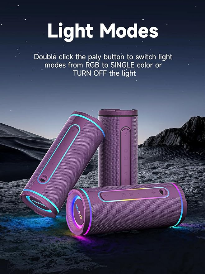 MLOVE E80 Speakers Bluetooth Wireless, Portable Bluetooth Speaker with Aux Input, Micro SD Card Slot, Bass Boost, Dual Pairing, Lights, IPX7 Waterproof, BT5.4 for Outdoor, Travel, Car, TV, 30W, Purple