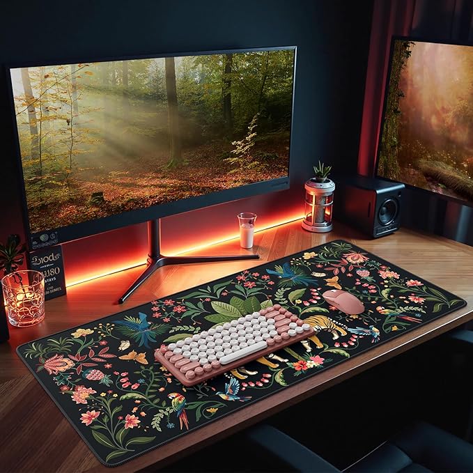 HAOCOO Gaming Large Mouse Pad with Smooth Surface, Extended Computer Pad with Non-Slip Rubber Base, Waterproof Laptop Pad, Stitched Edge Desk Cover Mat for Writing, Dining(Jungle)