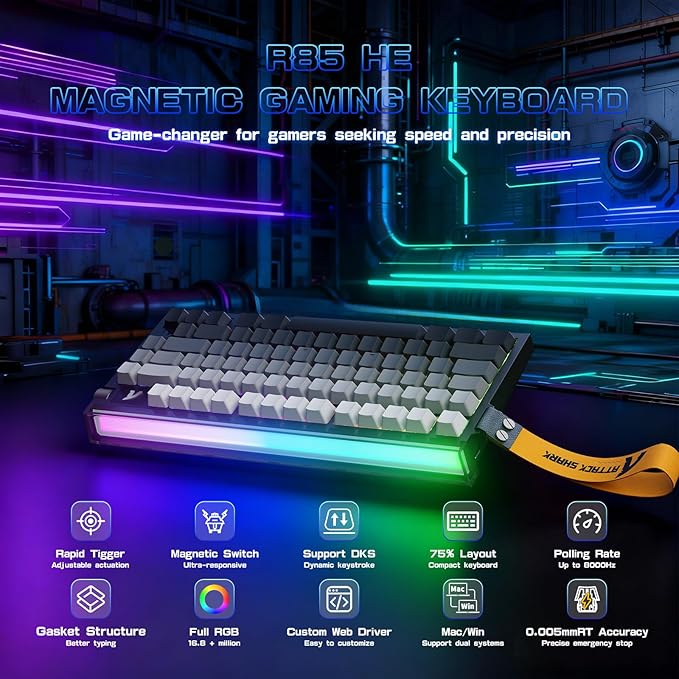 ATTACK SHARK R85 HE Wired 75% Rapid Trigger Mechanical RGB Gaming Keyboard with Custom Lightbox,8KHz Polling Rate,0.005mm RT Accuracy,0.08MS Latency,Hall Effect,Magnetic Switch,Driver for PC-Moonlight