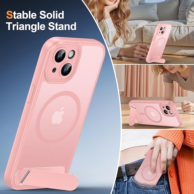 Magnetic Compatible with iPhone 15 Case, [Built-in Invisible Kickstand][Compatible with MagSafe][Full Camera Protection] Translucent Matte Phone Case for iPhone 15 6.1" Pink
