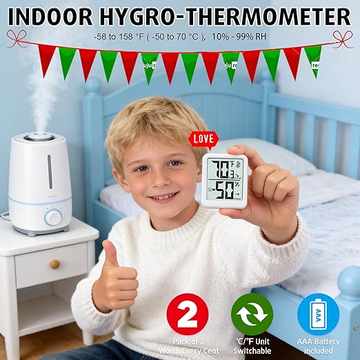 2-Pack Room Thermometer Indoor Hygrometer for Home, Temperature Humidity Meter, Humidity Gauge, Digital Room Temperature Monitor Sensor for Baby Nursery Car Plant - AAA Battery Included