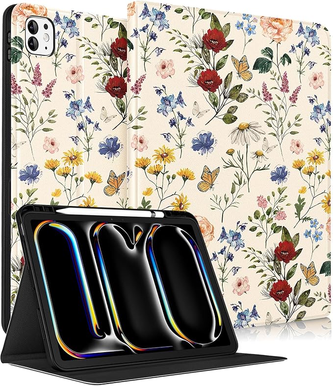 Uppuppy for iPad Pro 13 Inch Case 2024 - Women Cute Girls Folio Smart Cover with Pencil Holder Girly Flower Floral Pretty Aesthetic for iPad Pro M4 13 Inch Cases A2925 A2926 A3007