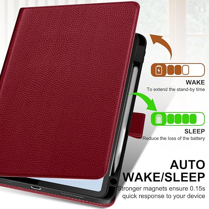 Genuine Leather Case for iPad 11th Gen 11" (2025/A16) & 10th Gen 10.9" (2022) | Slim Protective Cover with Adjustable Stand, Magnetic Closure, Auto Wake/Sleep, Premium Leather | Wine Red