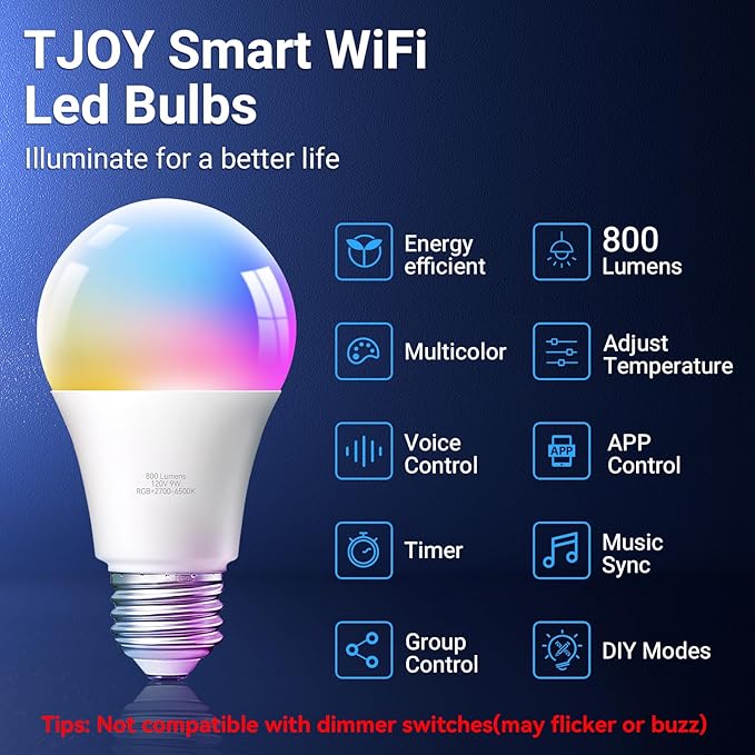 TJOY 4 Pack Smart Light Bulbs, Bluetooth WiFi Led Bulb Work with Alexa &Google Assistant, RGB Color Changing Alexa Bulbs, Music Sync, 2700K-6500K, 9W(60W Equivalent), A19 E26 800LM, 2.4Ghz WiFi only