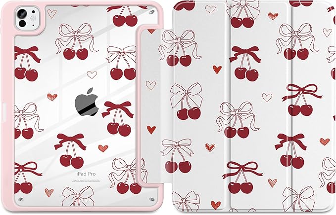Case for iPad Pro 11 inch (M5) 2025 (M4) 2024 Release with Pencil Holder - Aesthetic Cute Preppy Design Trifold Cover with Soft TPU Bumper Clear Back Auto Sleep/Wake for Girls Women, Cherry