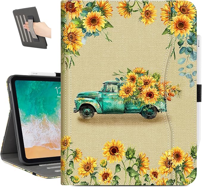 for iPad (A16) 11Th/10Th Generation Case 2025/2022, for iPad Case 11Th/10Th Generation, 10Th/11Th Gen iPadCase Cover Pencil Holder/Hand Strap/Pocket/Adjustable Stand, Sunflower Truck