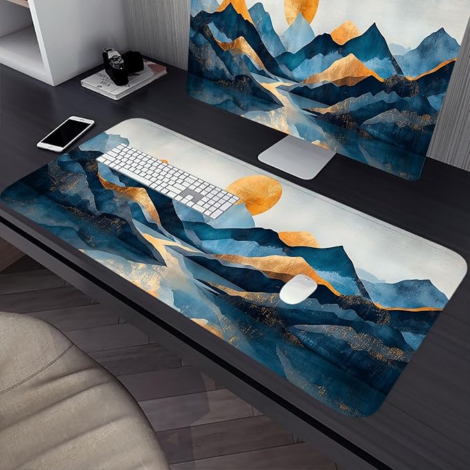 Abstract Mountains Desk Mat Golden Blue Vintage Golden Sun XL Mouse Pad Large Mousepad Extended Laptop Keyboard Mat Gaming Desk Pad Mouse Mat 31.5"x11.8" Office Computer Keyboard Laptop Home