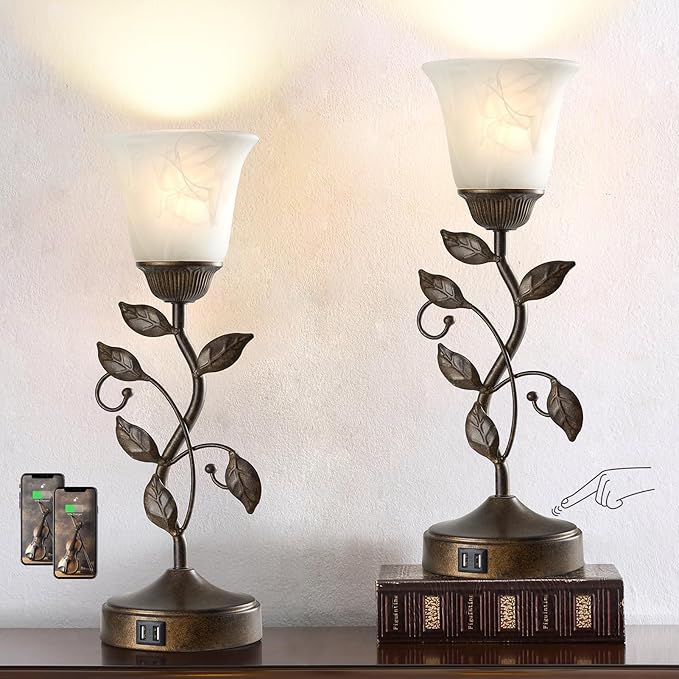 Set of 2 Touch Farmhouse Bedroom Table Lamps, Nightstand Vintage Flower Lamps with 2 USB Ports, 3 Way Dimmable Leaf Lamp for Living Room with White Glass Shades, Bulbs Included