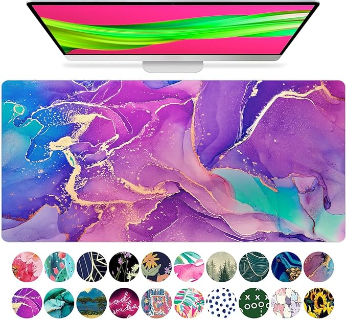 French KOKO Large Mouse Pad, Desk Mat, Keyboard Pad, Desktop Home Office Decor School Essentials College Cute Extended Laptop Protector Accessories Pretty Mousepad Women Girls Big Marble Purple