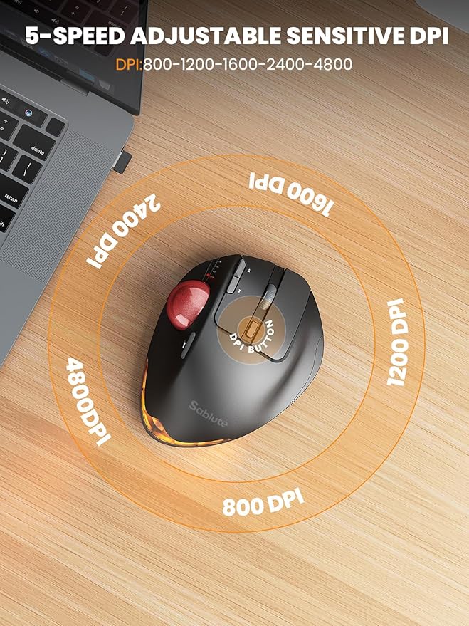 MAM1 Pro Wireless Trackball Mouse, Ergonomic Bluetooth Rechargeable Computer Mouse, Backlit Rollerball Thumb mice with 5 Level DPI, Adjustable Angle, 3 Devices Connection for PC, Windows - Red Ball
