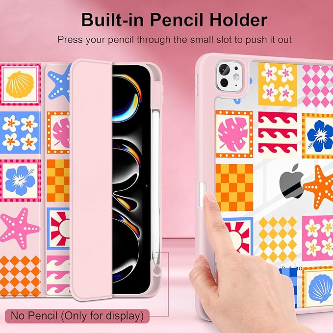 Case for iPad Pro 13 Inch (M5 2025 M4 2024) – [Built-in Pencil Holder], Shockproof & Stylish, Clear Hard Back + Soft TPU Edge, Magnetic Trifold Stand, Auto Wake/Sleep, Beach Fun