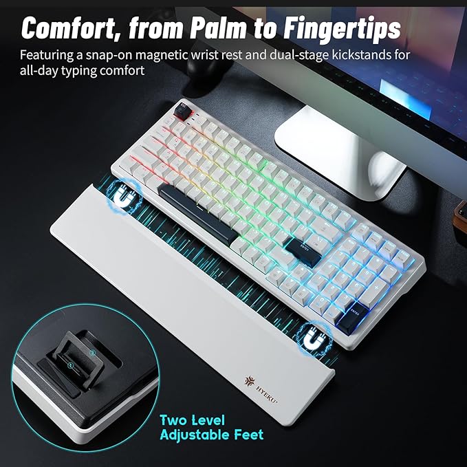 Wireless Mechanical Keyboard with Wrist Rest,Tri-Mode BT5.0/2.4GHz/USB-C Hot Swappable Custom Keyboard,Pre-lubed Clicky Switches,RGB Backlit Computer Gaming Keyboards for PC/Tablet/PS/Xbox(White)