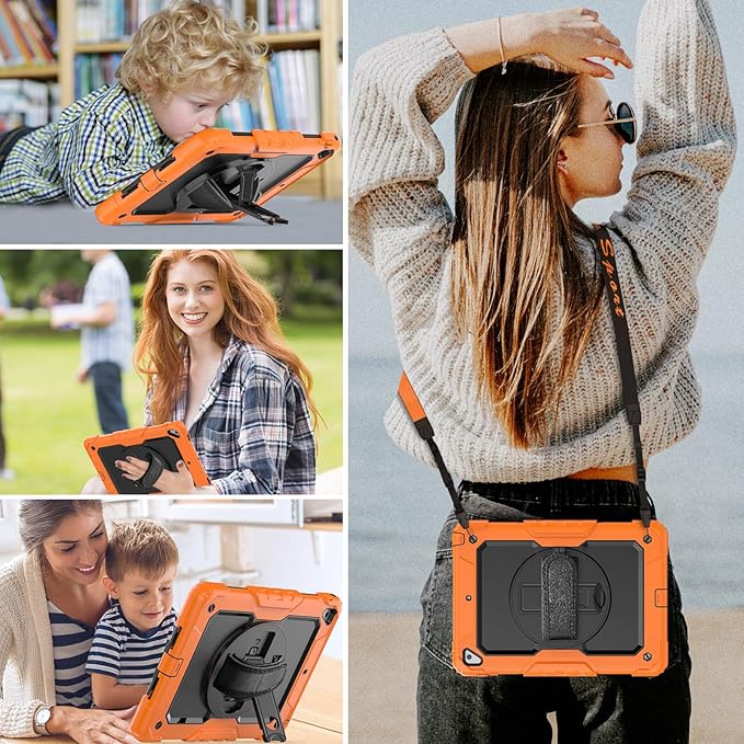 HXCASEAC Rugged Case for iPad Pro 9.7, iPad Air 2, 9.7 inch, Full Body Protective Design with Pencil Holder, Built-in Screen Protector, Rotating Stand, Hand Strap, for iPad Air 2 Hard Case (Orange)