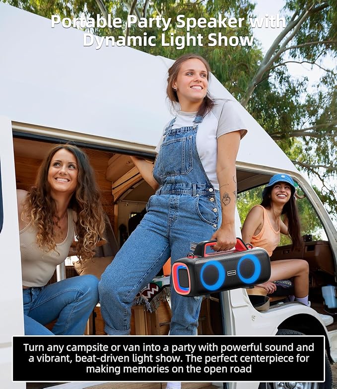 Portable Bluetooth Speaker 140W, Loud Wireless Speaker with 2 Subwoofers & Bass Boost, IP65 Waterproof Outdoor, 12000mAh Battery 24H Playtime, RGB Lights, TF/AUX/Mic Input for Home, Party, Outdoor