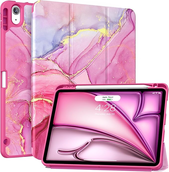 Soke Case for New iPad Air 11 Inch (M4/M3/M2, 2026-2024), iPad Air 5th/4th Generation 10.9 Inch (2020-2022) with Pencil Holder, Soft TPU Back Cover & Auto Sleep/Wake, Hot Pink Marble