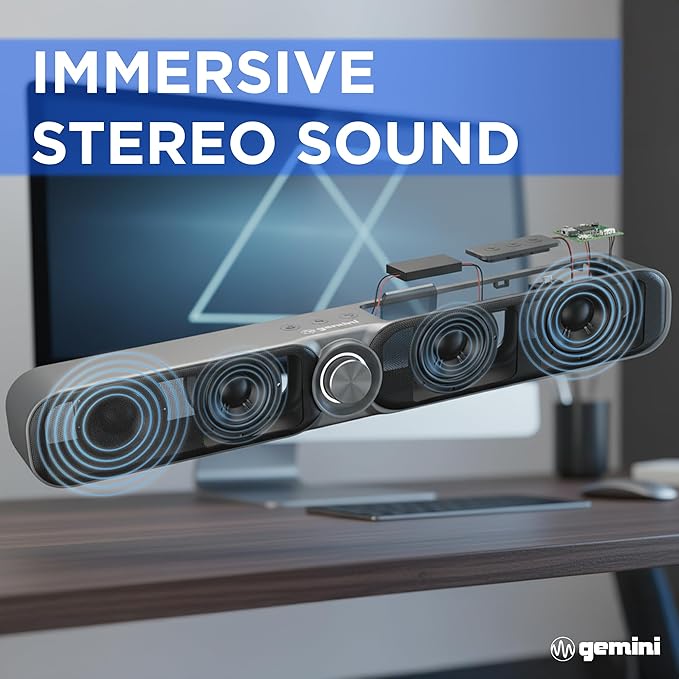 Gemini Portable Bluetooth Soundbar with FM Radio, USB & microSD Wireless Speaker with 3600mAh Battery, Multiple Input Modes, Compact Gaming & Outdoor Audio Bar (GSBR-20)