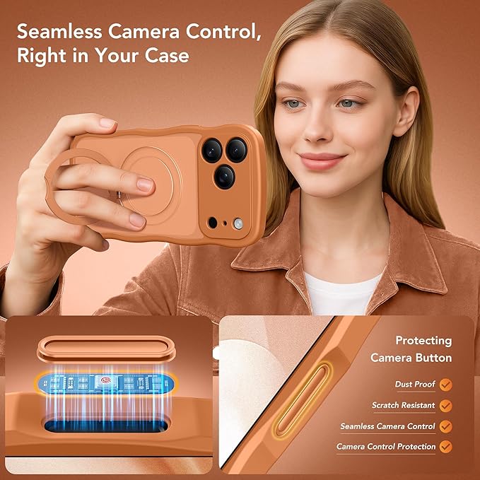 for iPhone 17 Pro Max Case for Women,[Compatible with Magsafe][360° Spin Magnetic Stand][Cute Wave Edge][Military-Grade Protection]Translucent Matte Phone Case for iPhone 17 Pro Max,Cosmic Orange