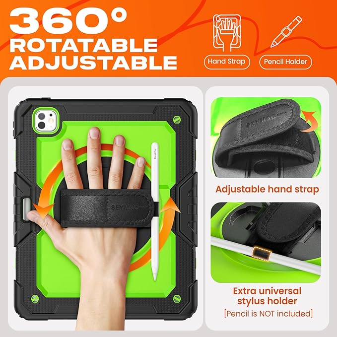SEYMAC stock Case for iPad Pro 13-inch M5-M4 2025-2024, Shockproof Heavy Duty Case with Screen Protector, Pencil Holder, Rotating Stand, Hand Strap, Shoulder Strap, Green