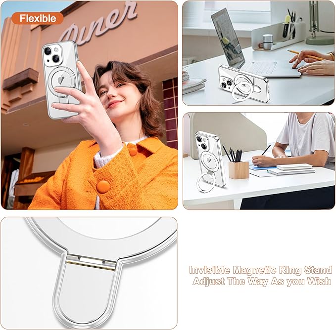 Compatible with iPhone 14 Plus Case with Invisible Magnetic Ring Stand [Compatible with Mag-Safe] [Full Camera Lens Protector] Plating Clear Phone Case for iPhone 14 Plus 6.7", Silver