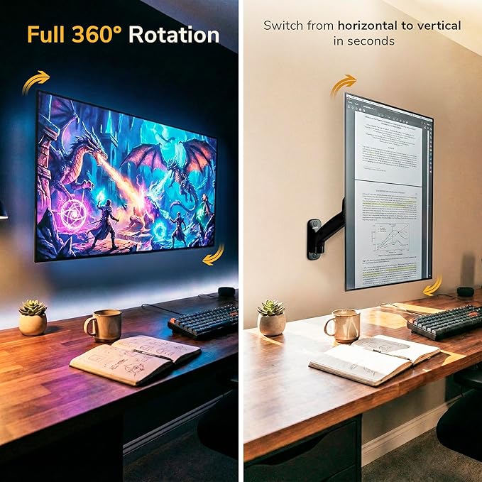 Mount-It! Monitor Wall Mount Arm, Full-Motion Gas Spring, Fits 13–32″ Screens up to 14.3 lbs, VESA 75x75 & 100x100, Tilt Swivel Rotate, Single-Stud Wall Mounted Computer Monitor Arm, RV Compatible