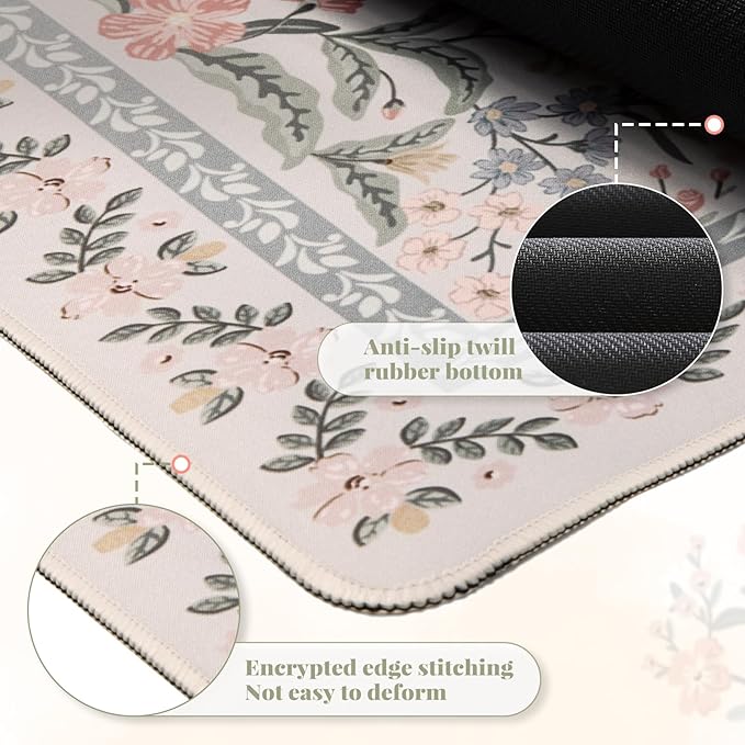 HAOCOO Vintage Floral Desk Mat, Boho Botanical Mouse Pad with Non-Slip Base, XXL Large Keyboard Mat for Office & Home (Grey)
