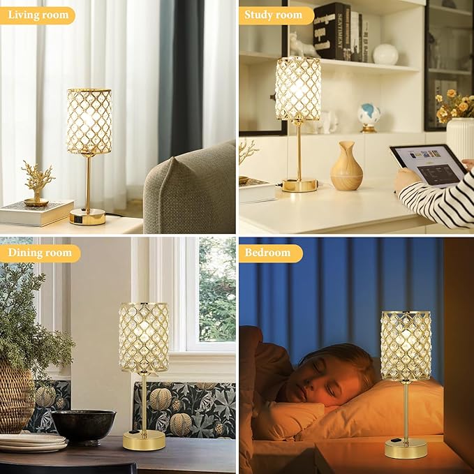 Hong-in Gold Lamps for Night Stands-Crystal Table Lamp with USB-C+A & AC Charging Ports, 3-Way Dimmable Nightstand Touch Lamp, Bedside Desk lamp for Bedroom Living Room Home Office