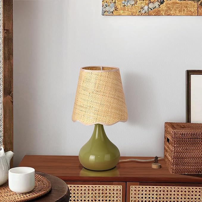 Green Small Touch Control Table Lamp for Bedroom,Green Bedside Lamps for Nightstand,Cute Mini Small Table Lamps for Small Spaces with Scalloped Shade for Kitchen Counter,Bookshelf,Living Room