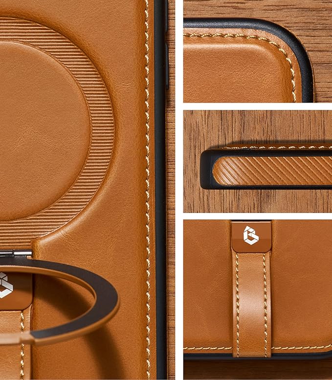 Butaiga for iPhone 17 Pro Leather Case with Stand, Anti-Slip Grip Ring, Fits for MagSafe (Brown, iPhone 17 Pro)