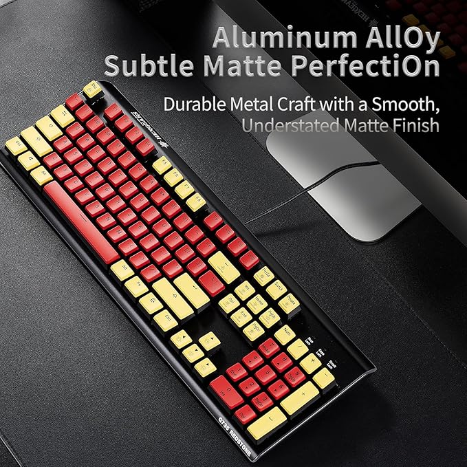 Hexgears GK735 Wired Mechanical Gaming Keyboard, Hot-Swappable Full-Size Keyboard with White Backlit + Surround Side Light Strip, Aluminum Finish, Kailh Clicky Switches (Red-Yellow)