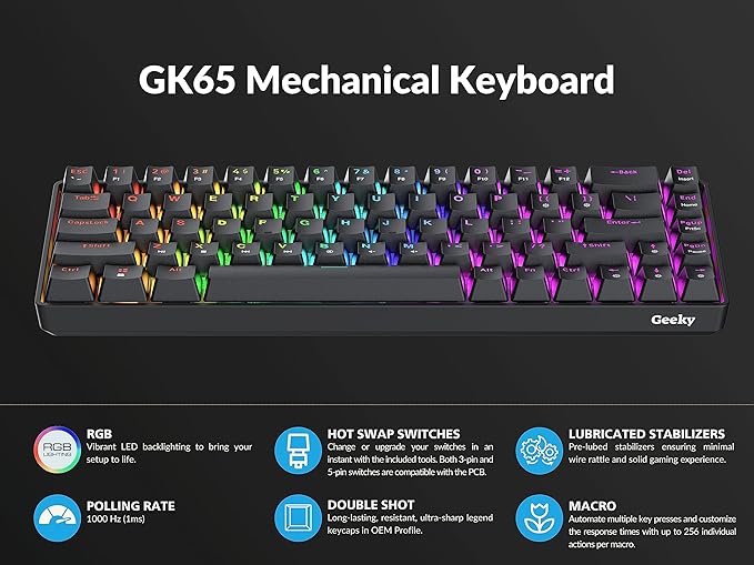 Geeky GK65 65% | Hot Swappable Mechanical Gaming Keyboard | 68 Keys Multi Color RGB LED Backlit for PC/Mac Gamer | ANSI US American Layout (Black, Mechanical Speed Yellow)
