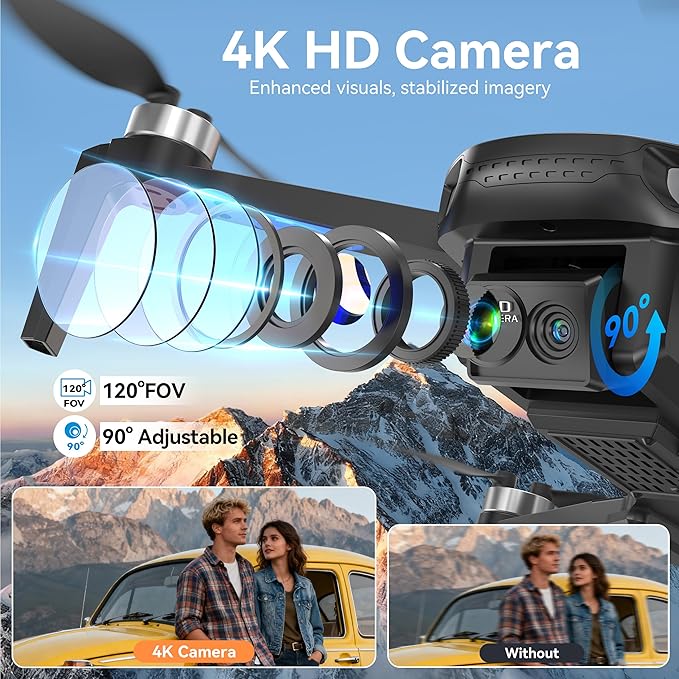Drone with Camera for Adults 4K, 90° Remote Adjustable Lens Foldable Quadcopter, Brushless Motor, 36 Mins Flight with 2 Batteries, Optical Flow Hover, Easy for Beginners,Under 249g(Black)