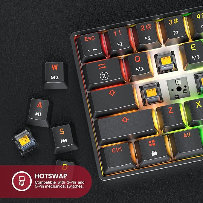GK61 Mechanical Gaming Keyboard - 61 Keys Multi Color RGB Illuminated LED Backlit Wired Programmable for PC/Mac Gamer (Gateron Mechanical Red, Black)