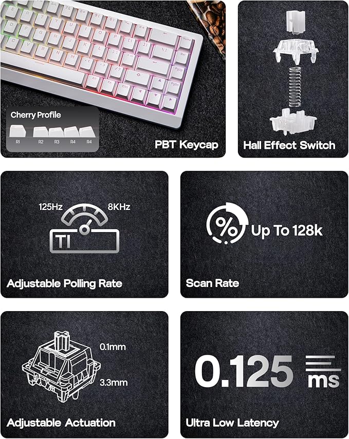 EPOMAKER HE68 Lite Hall Effect Gaming Keyboard, 8k Polling & 128K Scan Rate, 0.01mm Adjustable Trigger, 0.125ms Latency, 5-Layer Sound-Dampened, Snap Key, SOCD, A-RGB, Wired, Mac Software (White)
