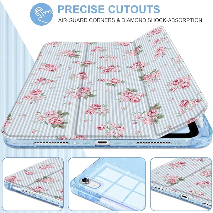 DONGKE for iPad Pro 11 inch Case – Fits M5 2025 / M4 2024, Shockproof Sparkling Glitter Acrylic Back, Pencil Holder, Trifold Stand, Auto Sleep/Wake & Touch ID Support - Tiny Roses