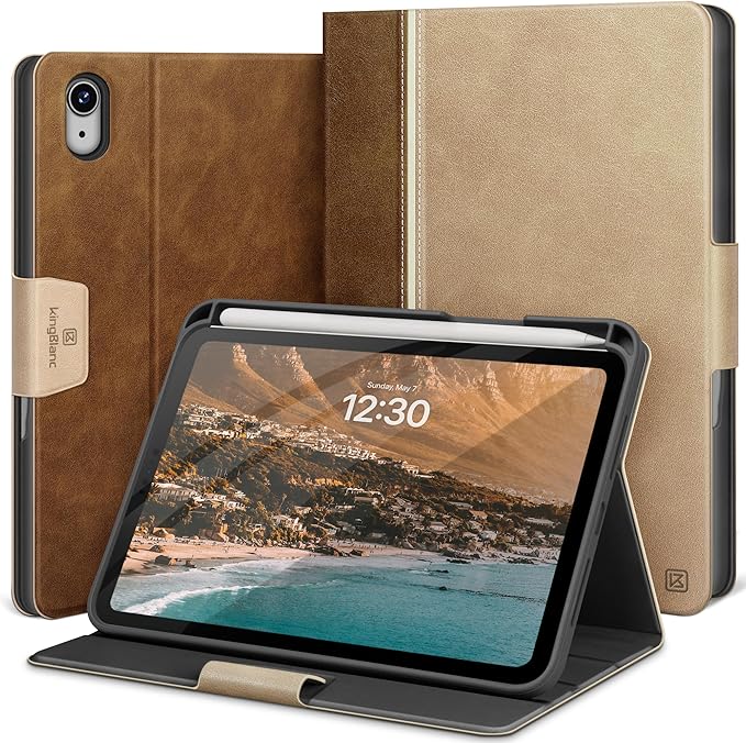 KingBlanc Case for iPad mini 7 (A17 Pro), iPad mini 7th/6th Generation (2024/2021) Vintage Vegan Leather Cover with Pencil Holder, Auto Sleep/Wake, Stand with Viewing & Drawing Angles, Beige
