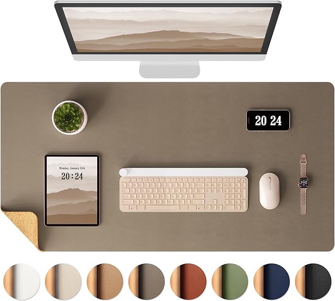 Aothia Dual-Sided Desk Pad - Leather Desk Mat, Natural Cork Desk Pad Protector, Large Mouse Pad for Desk, Waterproof Desk Blotter Pad, Desk Writing Pad for Office Work/Home, Coffee (35.4" x 15.7")