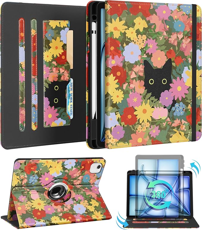 Kidcube for iPad Air 11 Inch Case M3/M2, Air 5th/4th Generation Cases 10.9'', Pro 11'' 2020 - Women Girls Aesthetic Cute Rotating Stand Folio Cover with Pencil Holder & Card Slot Kawaii Cat Flower
