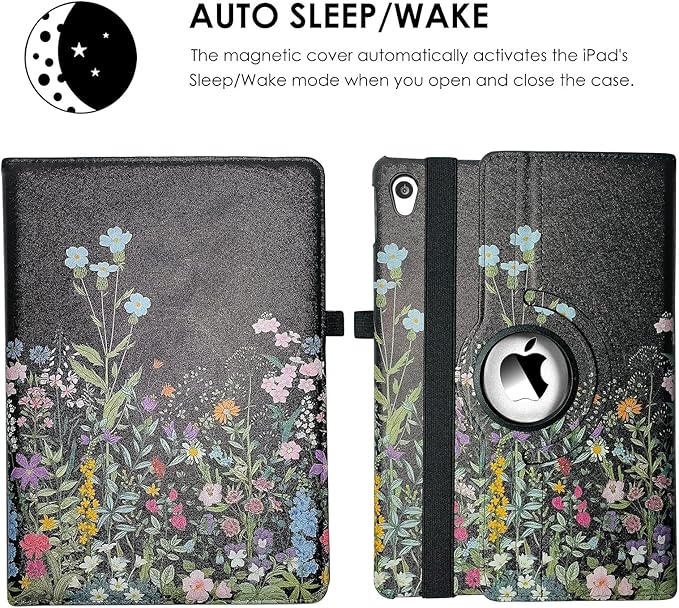 360 Rotating Stand Smart Case for iPad Air (3rd Gen) 10.5" & iPad Pro 10.5" - Auto Wake/Sleep Feature, Black Flowers