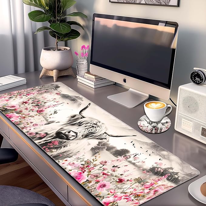 Highland Cow Mouse Pad, Extended Large Desk Pad with Stitched Edges 31.5 x 11.8 Mousepad Desk Mat for Desktop Decor and Accessories Workplace Home XXL Desk Pad for Gaming Office Big Mousepad
