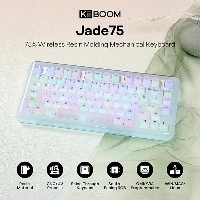 KiiBoom Jade75 75% Resin Molding Mechanical Keyboard, BT5.0/USB-C/2.4GHz Wireless Gaming Keyboard, QMK&VIA Programmable, RGB Backlits, Hot-Swappable, CNC+UV Case for Windows/Mac/Linux (Clear)