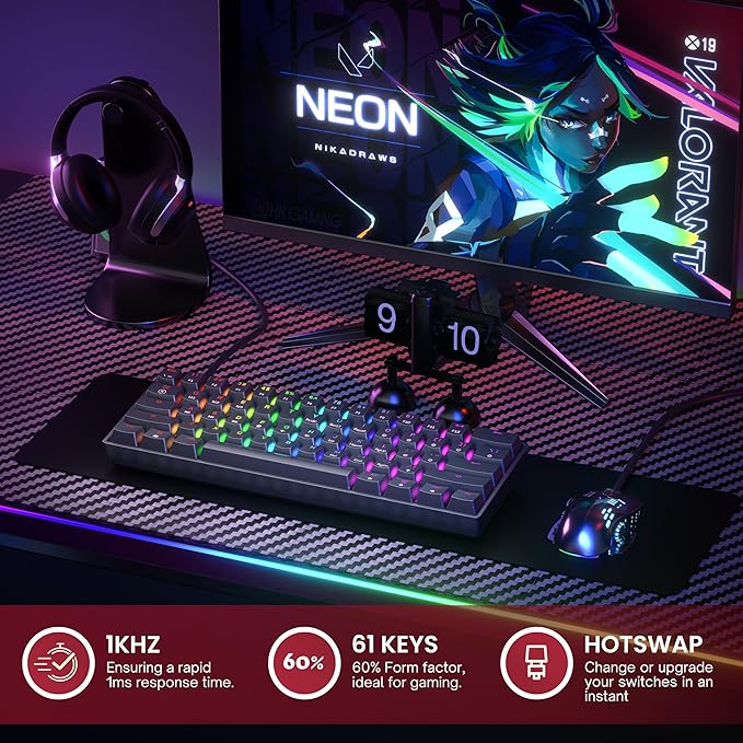 GK61 Mechanical Gaming Keyboard - 61 Keys Multi Color RGB Illuminated LED Backlit Wired Programmable for PC/Mac Gamer (Gateron Mechanical Brown, Black)