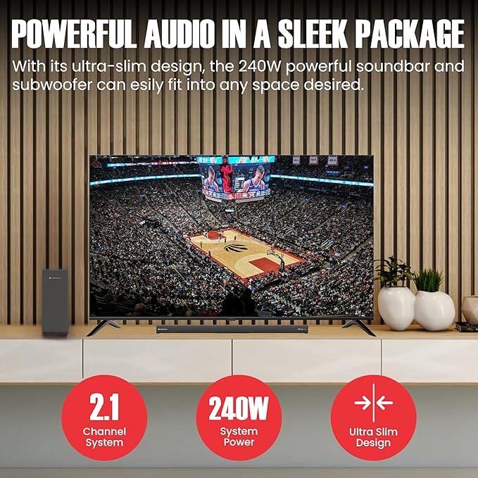 Audiosource 2.1 Soundbar, Wireless Subwoofer w/Dolby Atmos, Bluetooth Streaming for Smart TV and Multi-Devices, Compact Design, 240W Max Output, Remote Control Included, AS201