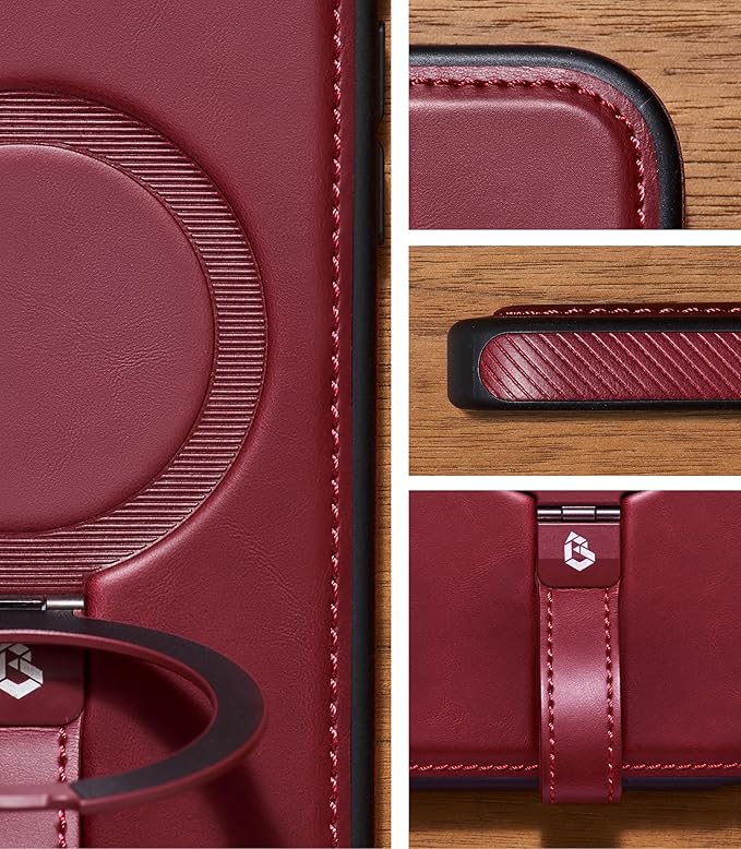 Butaiga for iPhone 17 Pro Max Leather Case with Stand, Anti-Slip Grip Ring, Fits for MagSafe (Burgundy, iPhone 17 Pro Max)