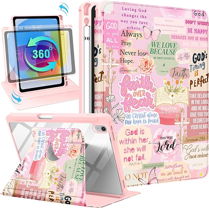Uppuppy for iPad A16 Case for iPad 10th Generation Case 10.9 inch - 360 Degree Rotating Stand Folio Smart Cover with Pencil Holder for Women Girl, Christian Words for Apple Tablet 10th 2022/11th 2025