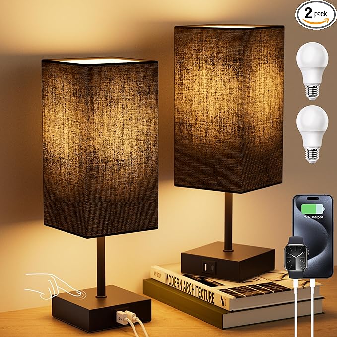 Bedside Table Lamps Set of 2, Touch Bedroom Lamp with USB C+A Charging Ports, 3 Way Dimmable Lamps for Night Stands, Small Table Lamp for Bedroom Decor, LED Bulbs Included, Upgraded Black