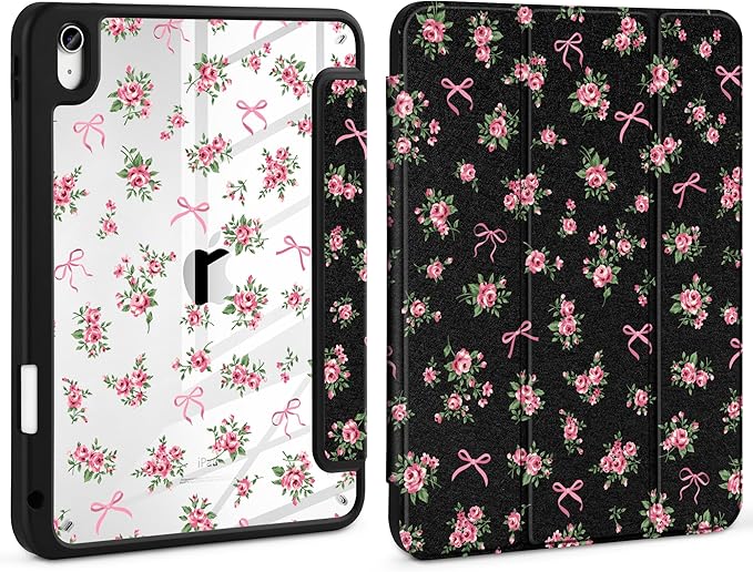 Case for iPad Air 11 inch M4 2026 M3 2025 M2 2024,iPad Air 5th (2022) / 4th (2020) 10.9 Inch Clear Back Shell Lightweight Shockproof TPU Edge Trifold Stand Auto Wake Sleep Cute Cover, Roses