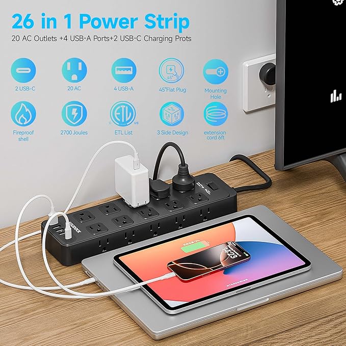 20 Outlet Power Strip with USB C,6Ft Extension Cord with Multiple Outlets, 2700 Joules Surge Protector,1875W/15A, ETL Listed for Home Office Dorm Gaming